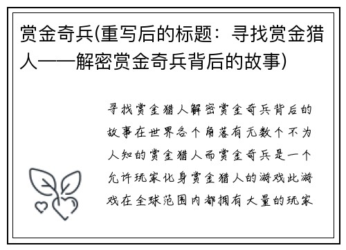赏金奇兵(重写后的标题：寻找赏金猎人——解密赏金奇兵背后的故事)